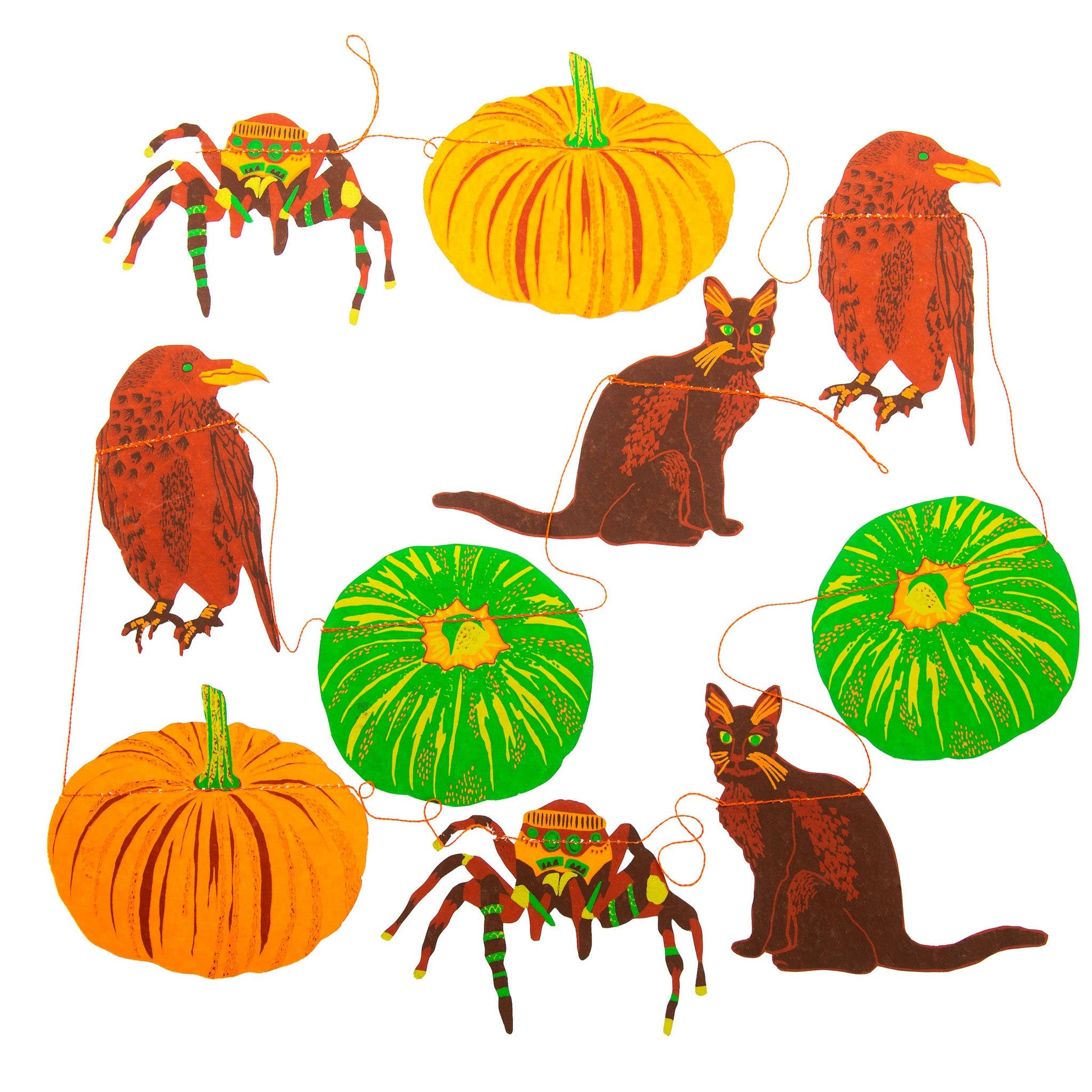 In bold greens and bright oranges, this garland features all the traditional images of Halloween - cats, ravens, spiders and pumpkins!
3 metres long - Includes 10 paper shapes, sewn along strong cotton thread