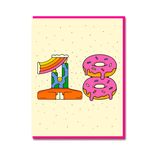 Bailey Crouch's artistic prowess takes centre stage in this fabulous card to celebrating age 18 into adulthood! Fun design featuring, pink glazed doughnuts, smiley person holding up a rainbow all the shape of the number 18. Against a cream background with a pink envelope.