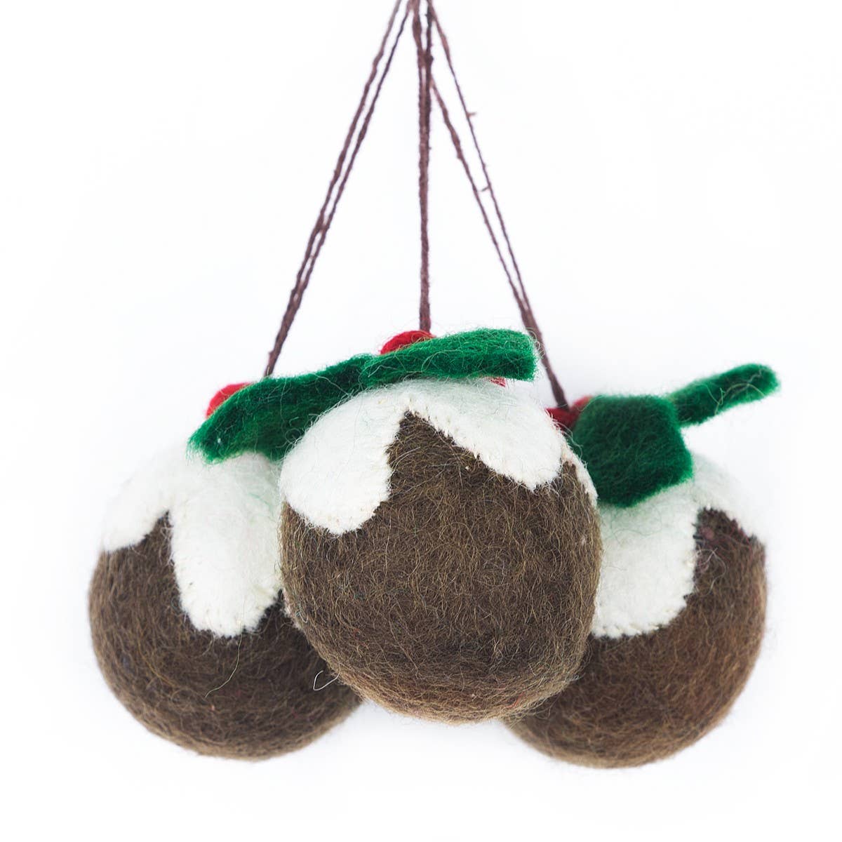 Set of three Handmade Felt Christmas Pudding Baubles Hanging.