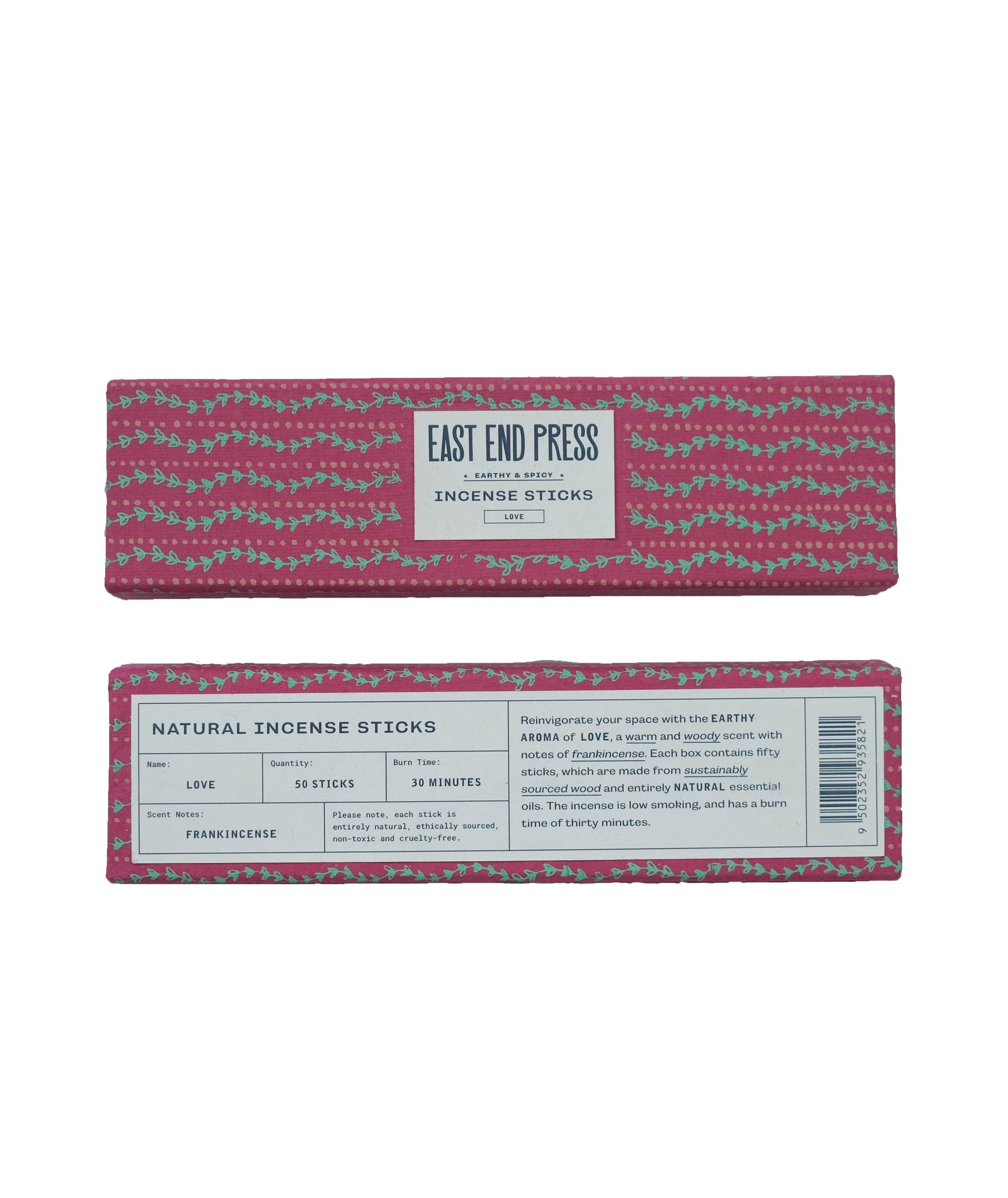 Reinvigorate your space with the earthy aroma of Love, a warm and woody scent with notes of frankincense. Each box contains fifty sticks, which are made from sustainably sourced wood and entirely natural essential oils. The incense is low smoking, and has a burn time of thirty minutes.&nbsp;

Includes: 50 natural incense sticks in every pack