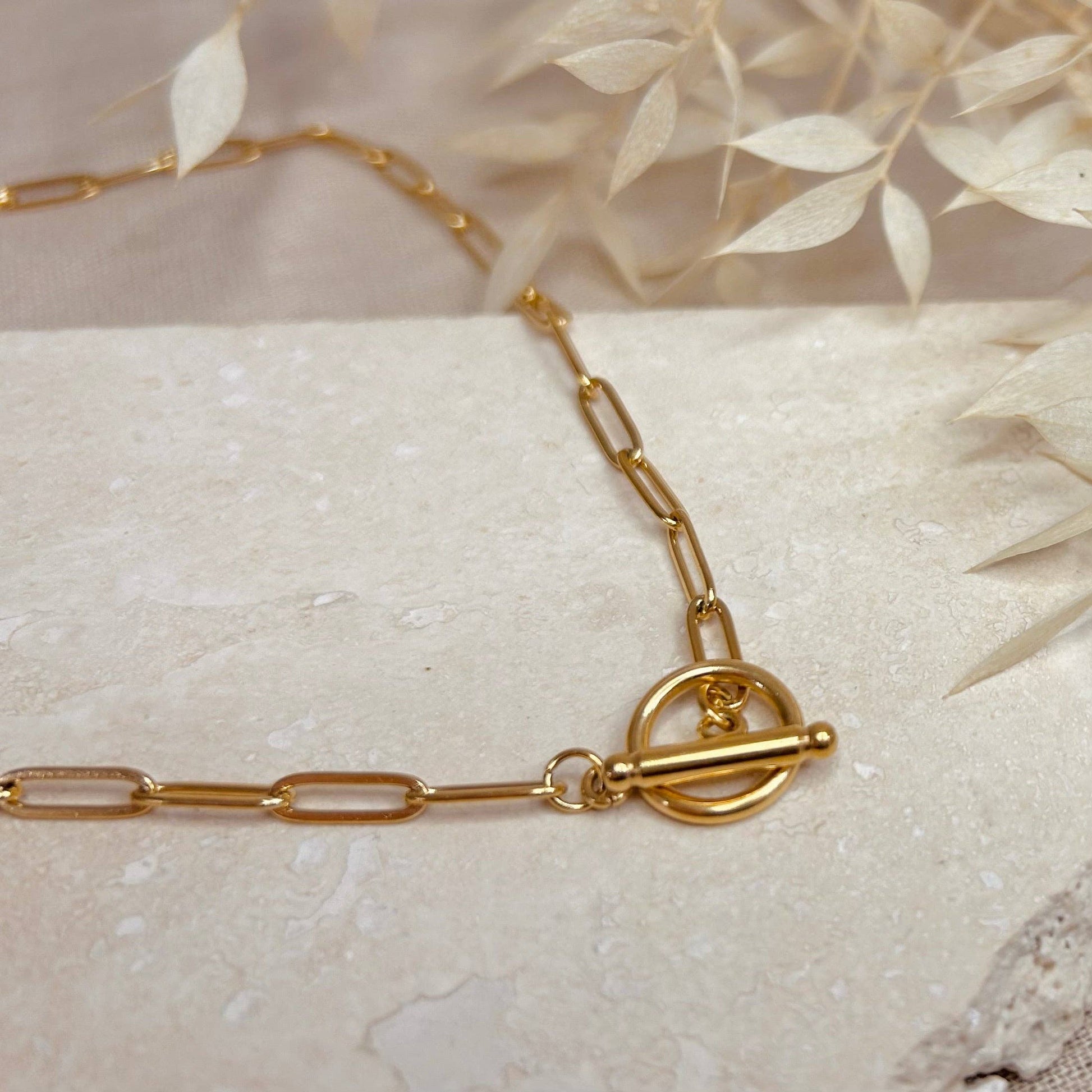 Gold Plated Long Link Bar Clasp Necklace