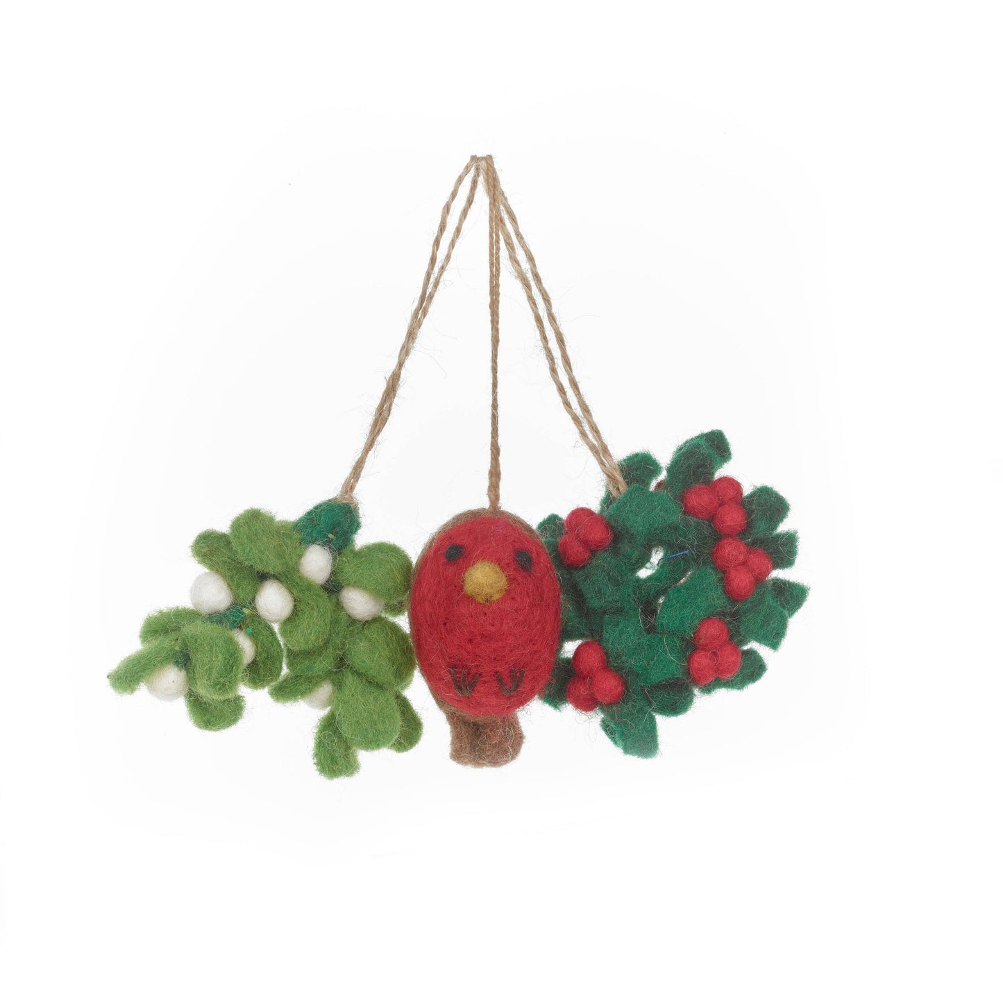 Embrace the spirit of tradition, celebrate the beauty of nature, and infuse your home with the warmth of the season with our Traditional Christmas Trio. This set of three beautiful handmade decorations contain one beloved red breasted robin, a gorgeous green holly wreath and a magical miniature mistletoe sprig