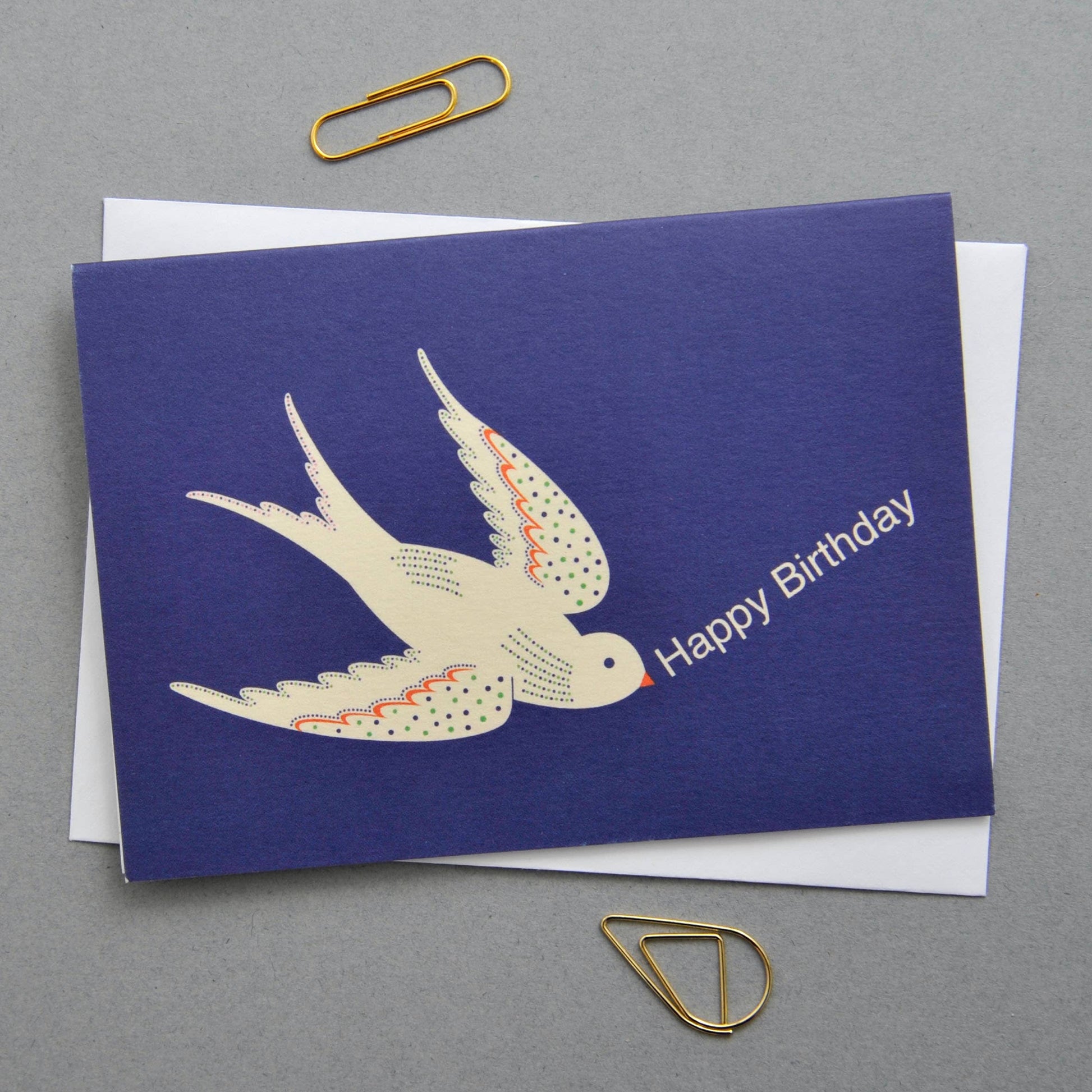 Dark Blue Happy Birthday Bird notecard. Perfect size to attach to gifts or can be sent as a card. Pack of 8 notecards. 8 designs, 1 of each bird design in the pack of 8.