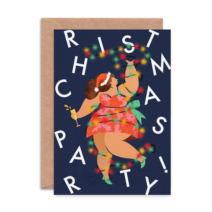 Get ready to dance the night away in style with this hilarious Christmas Party Dress Card featuring a lady showing off her best dance moves! Perfect for the party season, this card will add some fun and flair to your holiday celebrations! featuring the words Christmas Party!