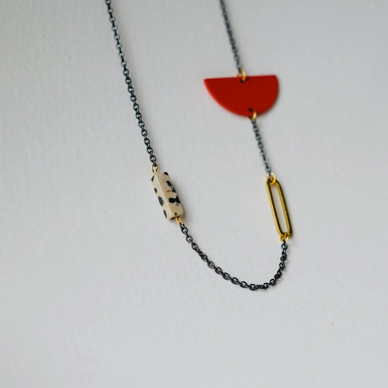 Dalmatian Jasper, Brass and Colour Geometric Necklace