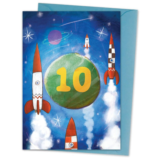 Celebrate a 10th Birthday with this age card for kids and fans of all things space! Sustainably made in the UK