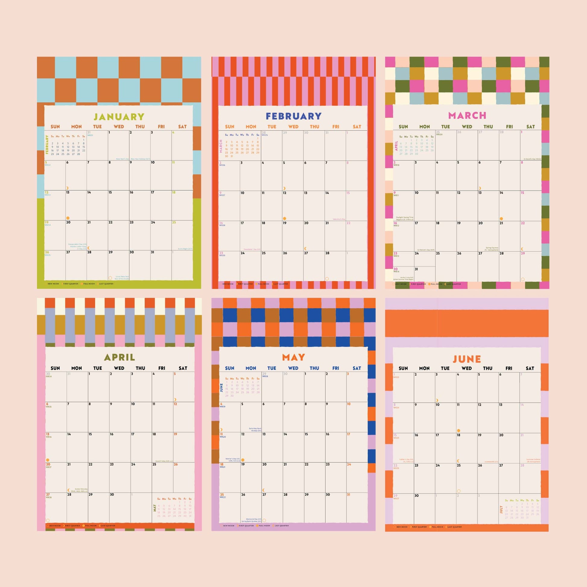 2025 Calendar | Checks & Stripes | Sunday Start | A4