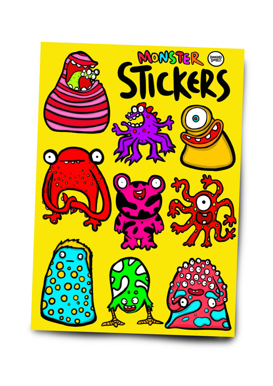 Monster Sticker Sheet! 9 Awesome Monsters in bright colours by Dixon Does Doddles. The Sheet is A5 size ( 148mm x 210mm) The sticker sheet is made from sustainable materials and the compostable film is made from renewable sources. The sticker sheet and a printed backing board are packaged in a biodegradable clear bag.