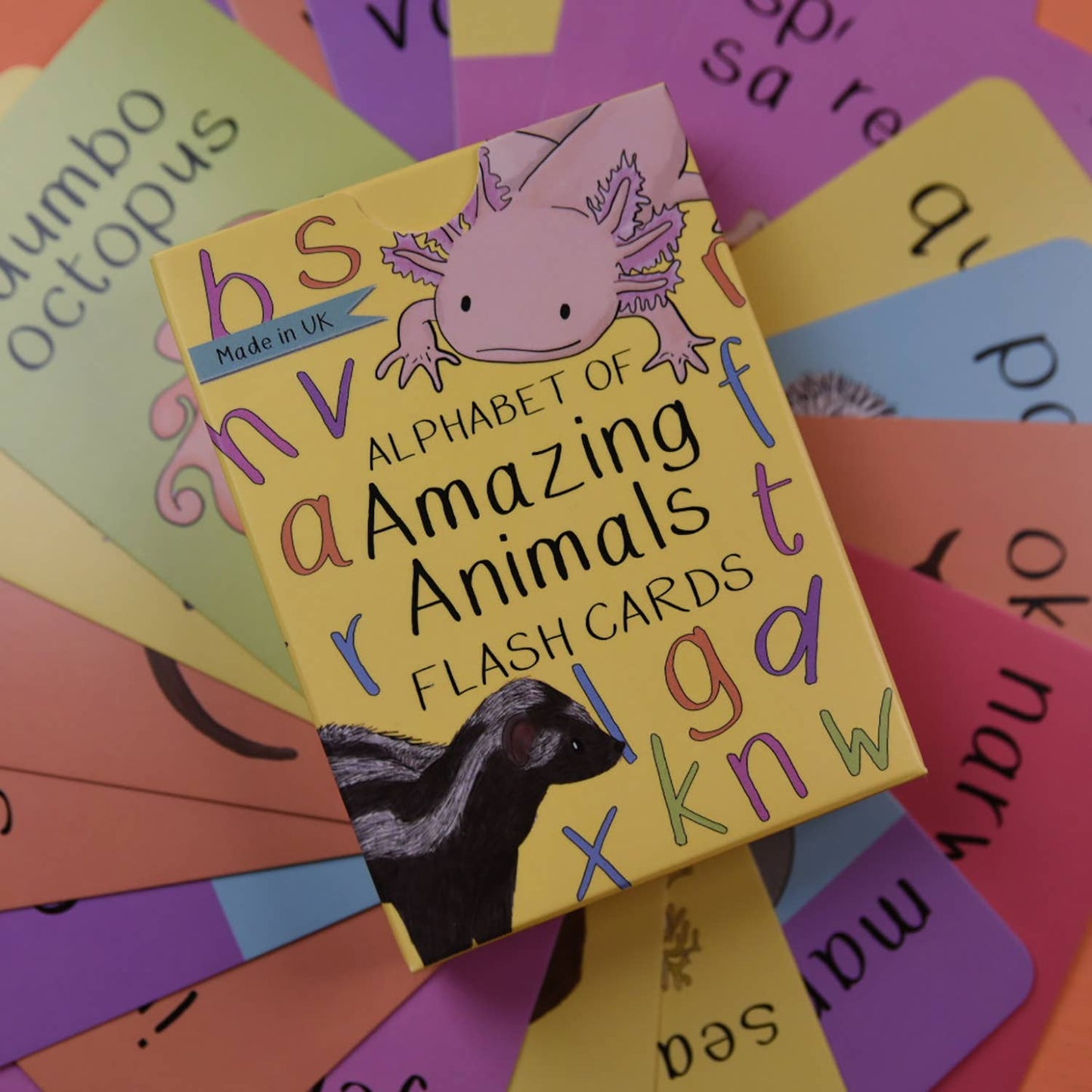 Alphabet of amazing animals flash card set. Filled with fascinating animals from around the world as a fun and educational way of not only teaching the alphabet but also introducing some truly amazing animals. The cards feature my animal illustration on one side, with the animals name and then the letters in upper and lower case, and a close up of the animal on the other side. 