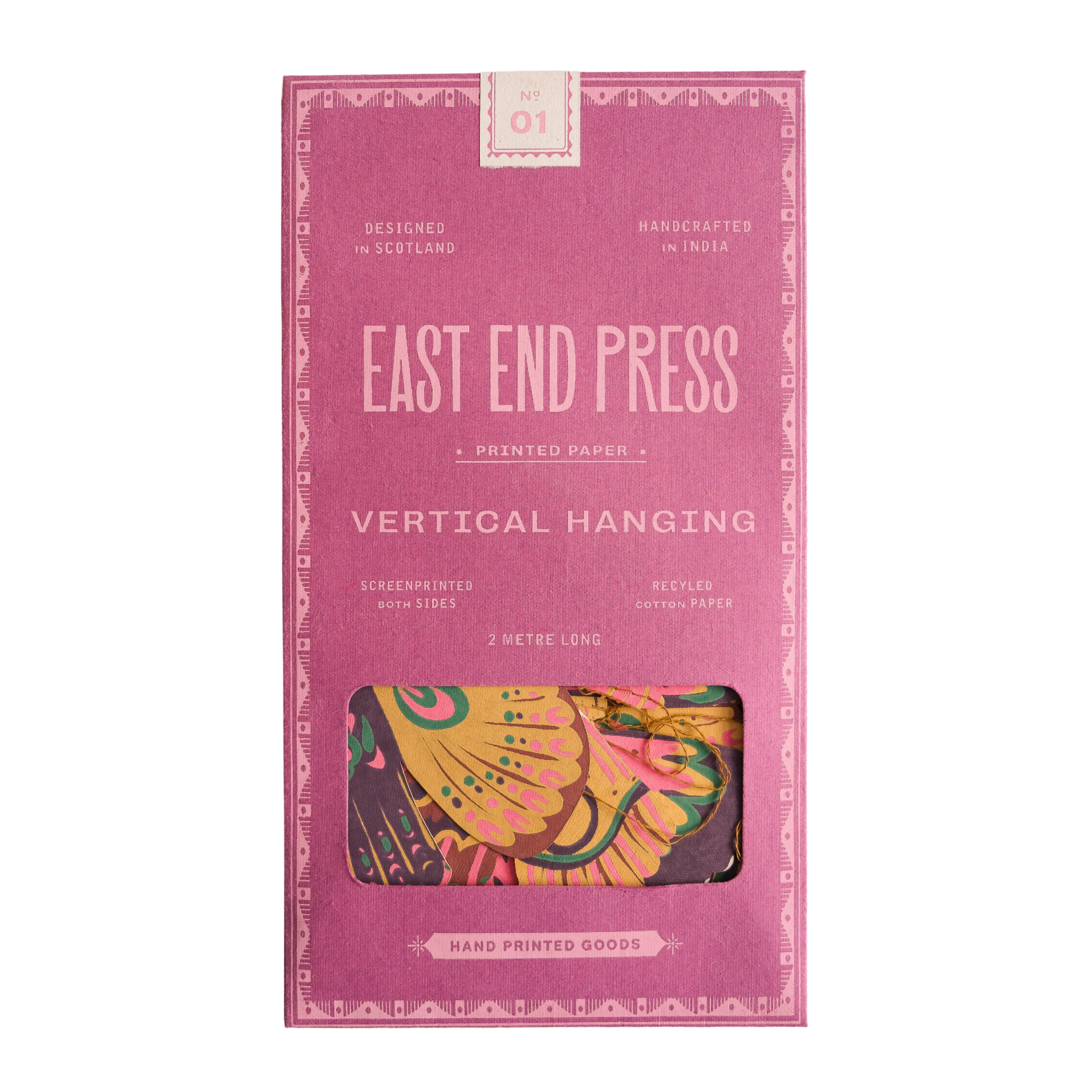 East End Press Delicate butterflies with fluttering wings bring colour and joy to your home in this two-metre-long wall hanging.

2 metres long Butterfly paper shapes are sewn along a strong cotton thread Screen printed by hand on both sides by talented artisans in Jaipur Sustainably made from recycled materials