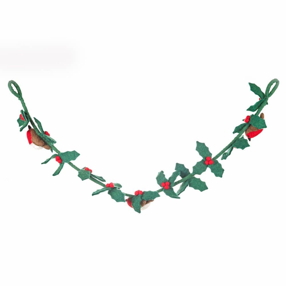 This beautiful holly garland makes for the perfect festive accessory, plus this version comes with three chirpy little friends! Display it on your banister, your mantlepiece or wherever you want to add some funky, felted flair! This timeless decoration is a beautiful take on a Christmas classic - plus, no spikes!

Made entirely by needle and wet felting techniques, with three handmade needle felted birds attached via hand stitching.