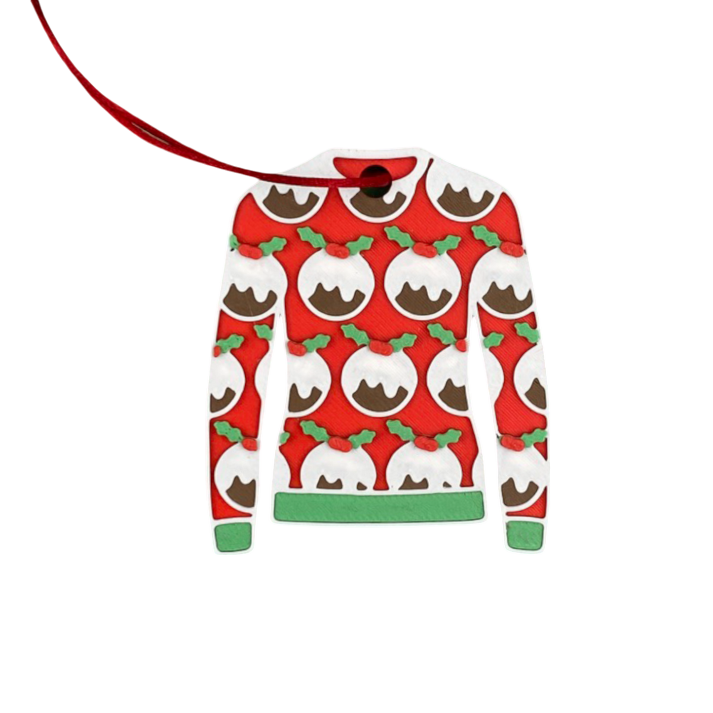 Christmas Jumper Decoration. Featuring a red jumper with lots of Christmas puddings and a red ribbon to tie on the tree.
They are sustainably 3D printed using PLA, a plant-based plastic derived from renewable resources such as sugarcane and corn starch.