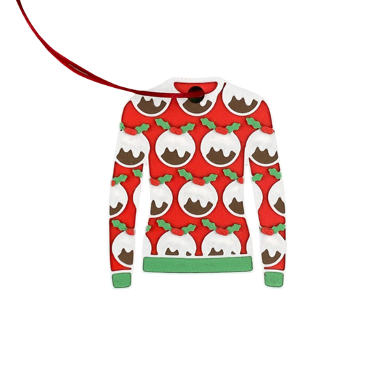 Christmas Jumper Decoration. Featuring a red jumper with lots of Christmas puddings and a red ribbon to tie on the tree.
They are sustainably 3D printed using PLA, a plant-based plastic derived from renewable resources such as sugarcane and corn starch.