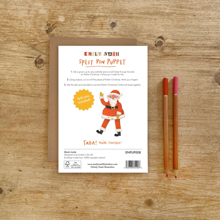 Illustrated Father Christmas greeting card which can be cut out to make a split pin puppet! Once you've finished displaying your card, turn it into something to play with and keep.