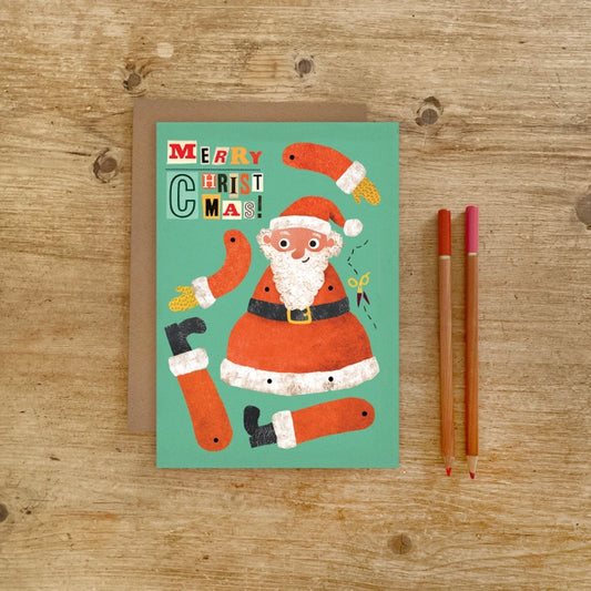 Illustrated Father Christmas greeting card which can be cut out to make a split pin puppet! Once you've finished displaying your card, turn it into something to play with and keep.