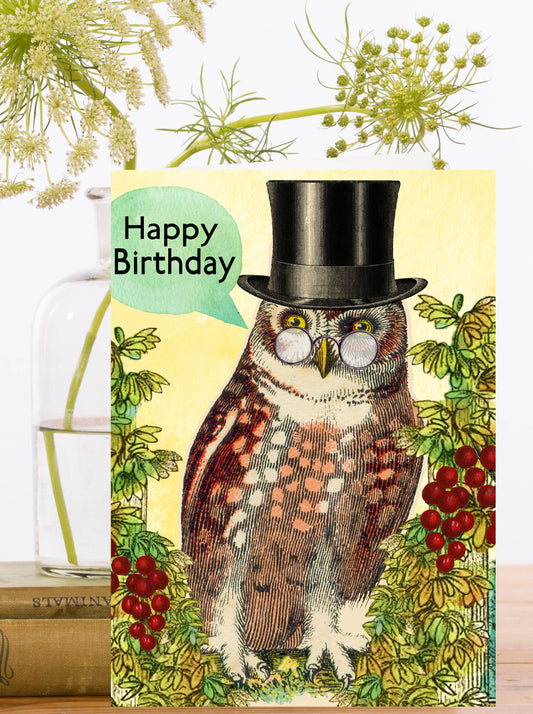 Wish your loved ones a very Happy Birthday with this smart fellow in his top hat. Owl in a Top hat with his glasses perched on the end of his nose.