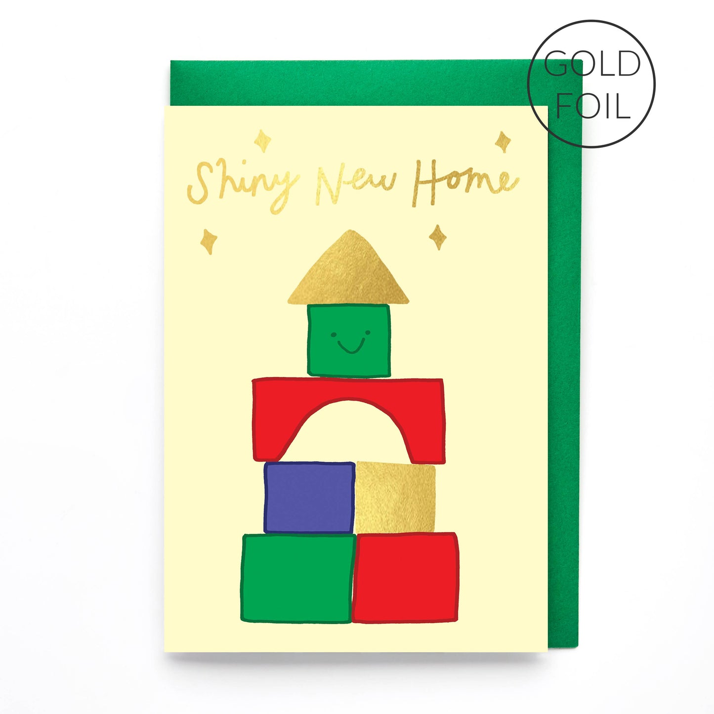 A happy new home card, but a bit different. This quirky, hand drawn greeting card celebrates a brand new abode with its fun illustration of a house built from colourful toy building blocks.

Printed in the UK on sustainably sourced premium, recyclable paper. Written in a striking, hand lettered font and finished with gold foil, the message on the front of this thoughtful card reads "Shiny new home"