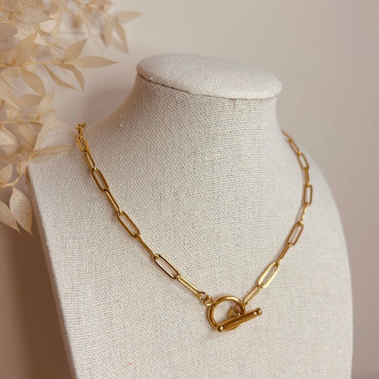 Gold Plated Long Link Bar Clasp Necklace