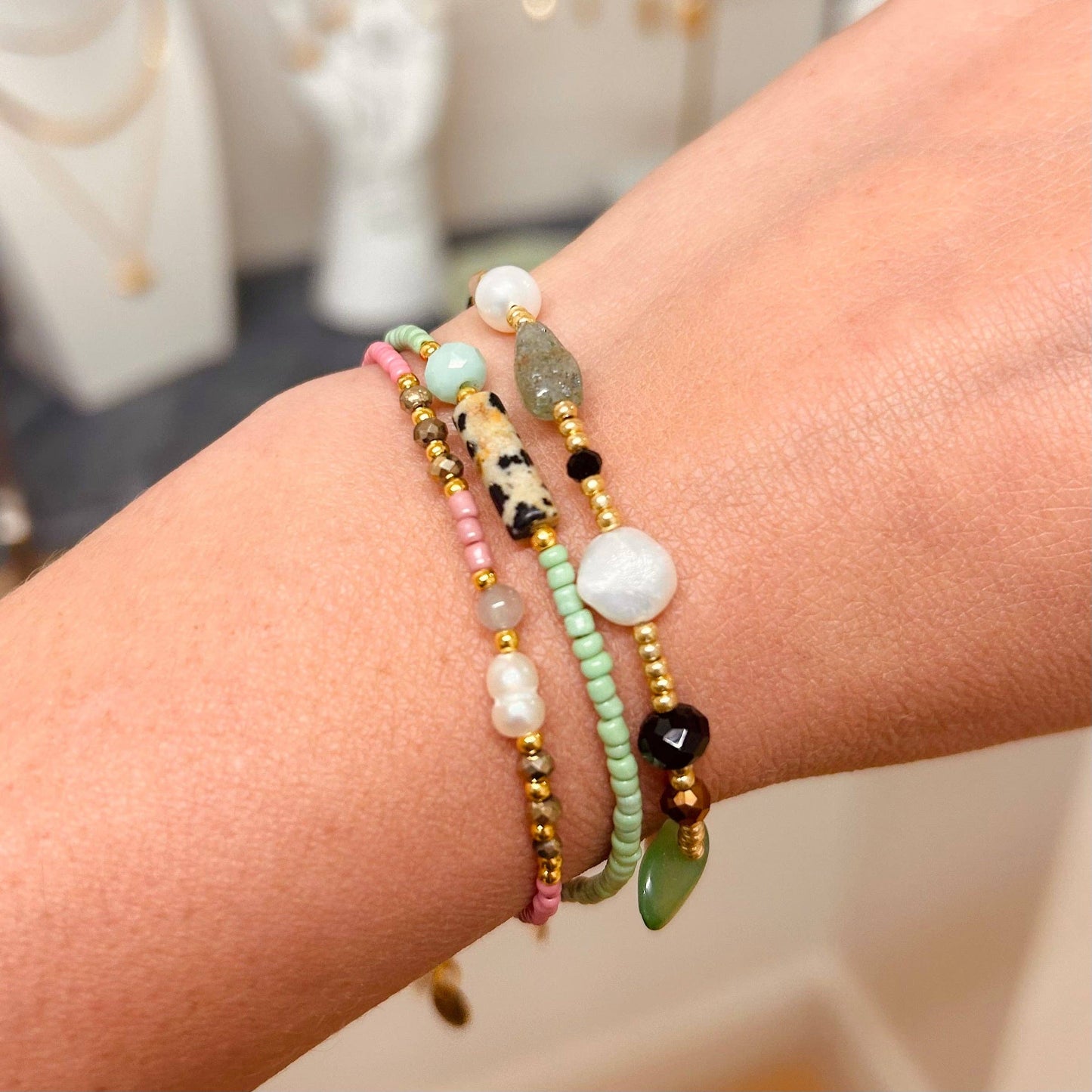 Mint Green Jasper Beaded Bracelet. 18k gold plated. Stacked with two other bracelets.