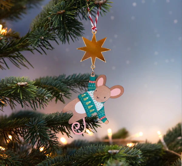 Hand designed decoration mouse wooden wearing and green and white Christmas jumper hanging from a shiny gold star, perfect for Christmas.
Made from sustainably sourced maple wood.