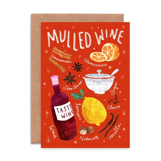 Celebrate the holidays with this illustrated card showcasing all the tasty ingredients for a cosy and comforting recipe for Mulled Wine.