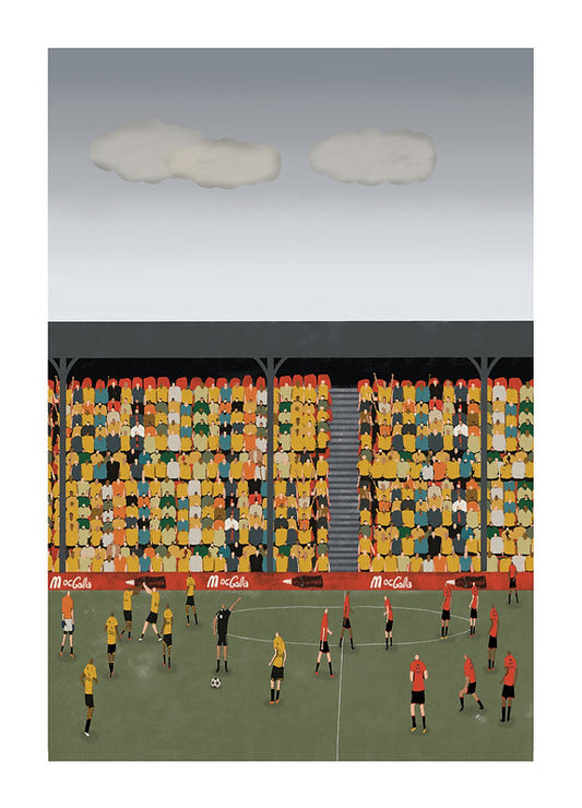 Beautifully illustrated card of a football match, with the crowd in the stands. the players in red and yellow jersey's waiting to kick off the match.