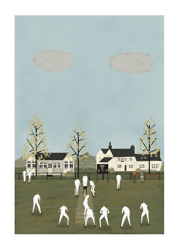 Cricket Match on the green with the club house and trees in the background. Beautiful illustration.