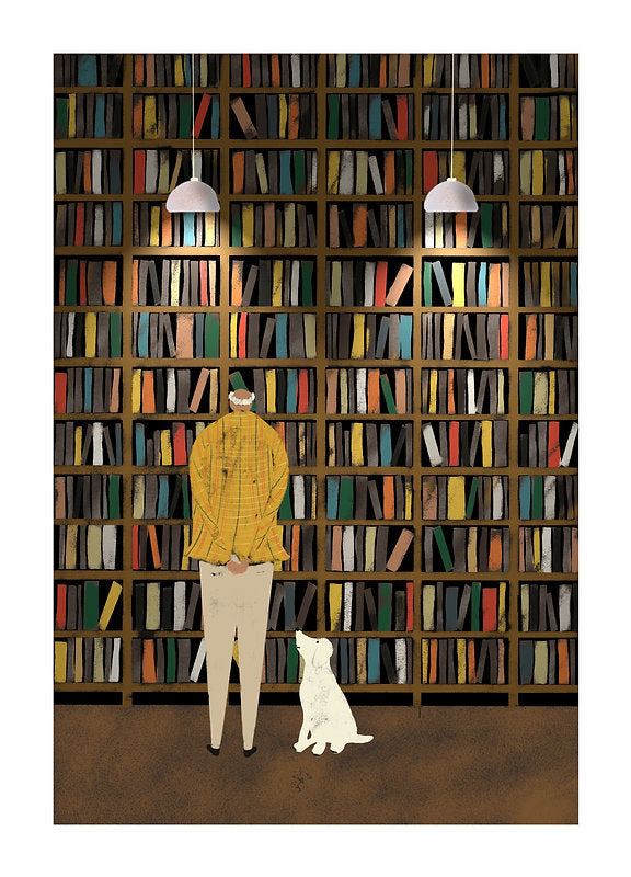 Beautiful illustration of shelves full of colourful books, lit by soft lights. With an older man and his white dog, looking at the shelves.