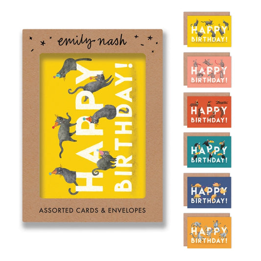 Pack of 6 Illustrated greeting card by Emily Nash Illustration.
Six greeting cards, presented in a cardboard box. Birthday animals include ats, rabbits, toucans, lemurs, sausage dogs, and gekko's. One set of animals per card in their party hats with a bright background.