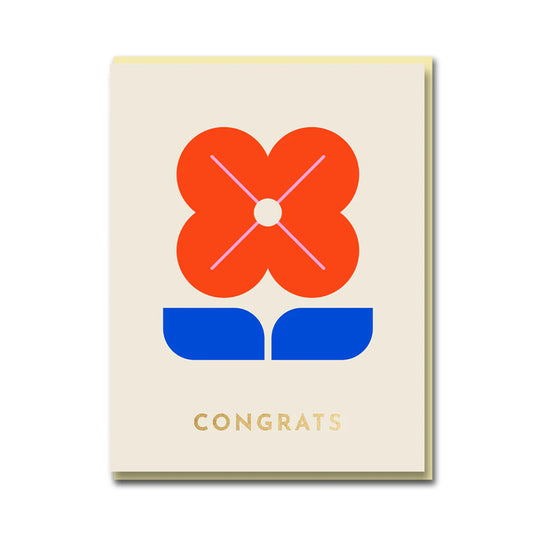 CONGRATS in gold foil with a graphic red and blue flower card