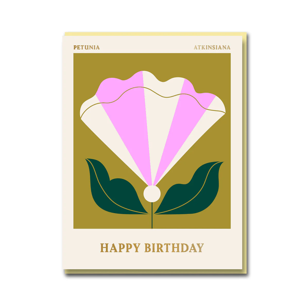 Stunning Petunia graphic Litho Print greeting card by Darling Clementine. Chic card with gold foiled Happy Birthday across the bottom of the card.