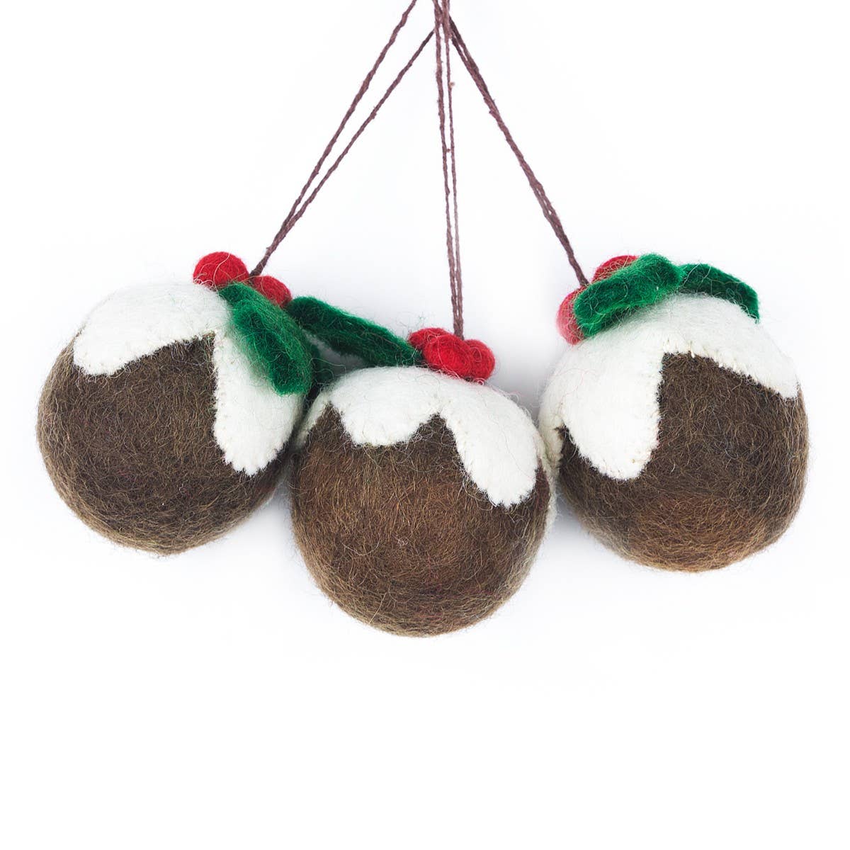 Set of three Handmade Felt Christmas Pudding Baubles Hanging.