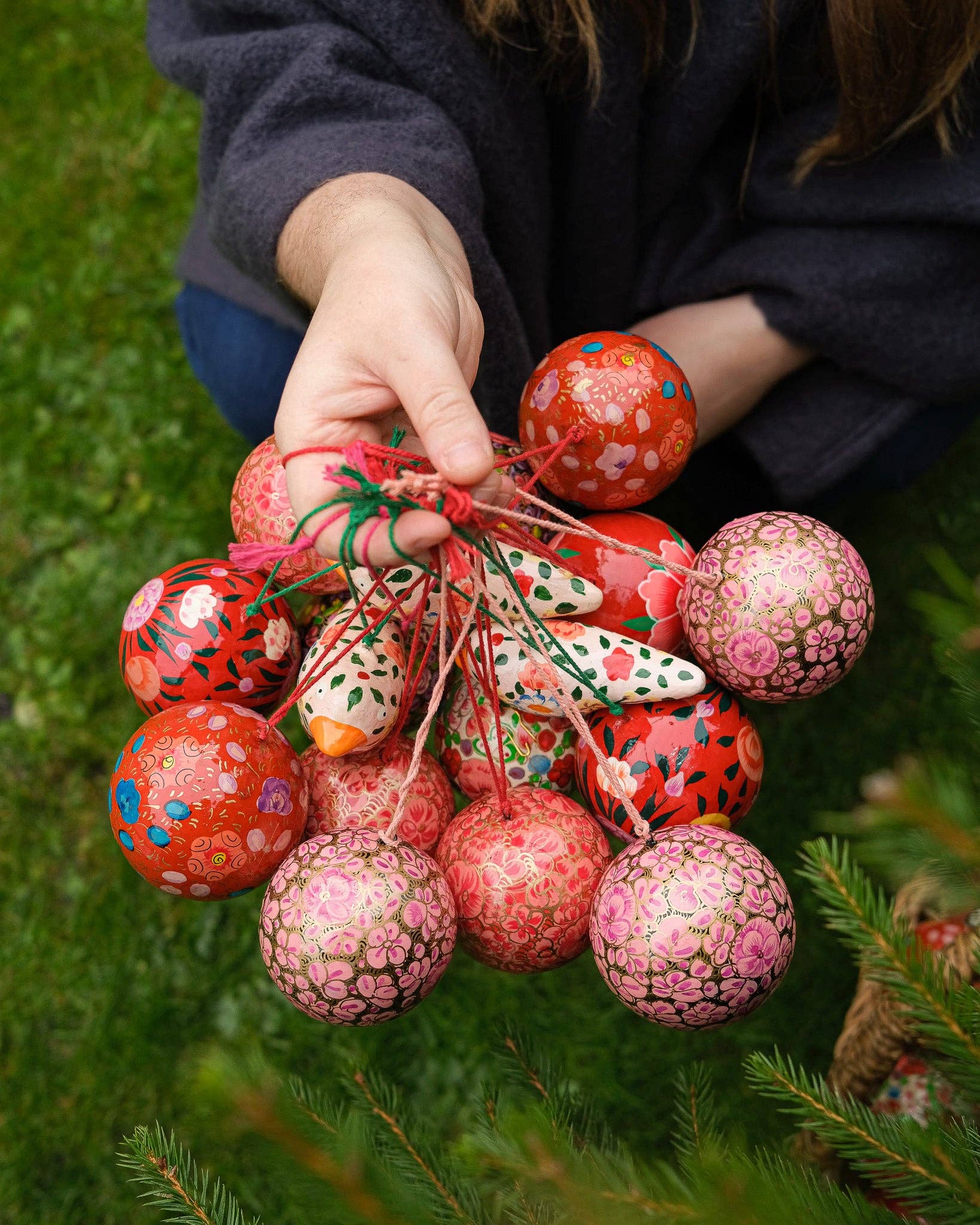 Scarlet Red and Blue Bauble made from papier Mache.