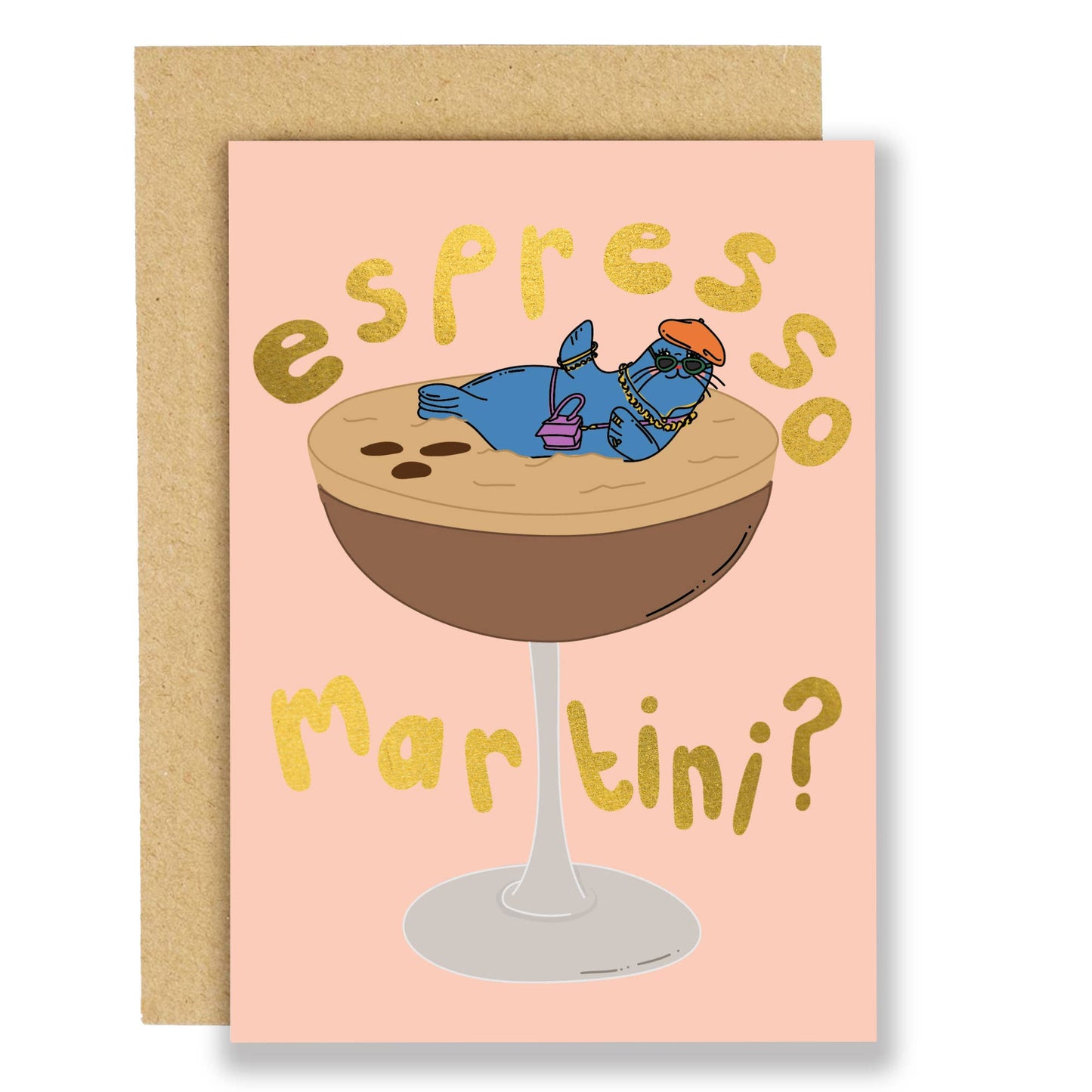 This espresso martini card features a cute birthday seal babe. Finished in gold foil to make it extra sparkly and eye-catching! Dressed up to party in the espresso martini glass. With the words espresso martini? In gold foil.