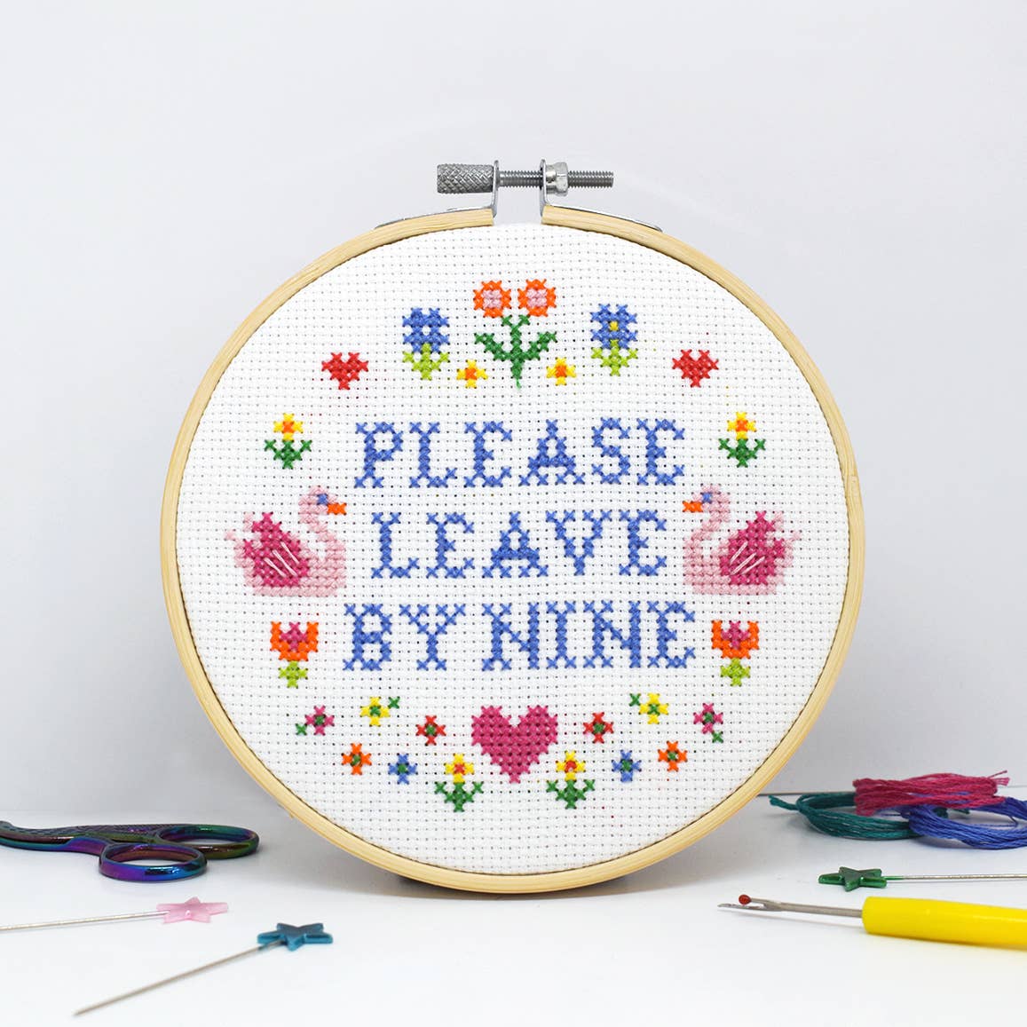 'Please leave by Nine' Large Cross Stitch – Forget Me Not And Green