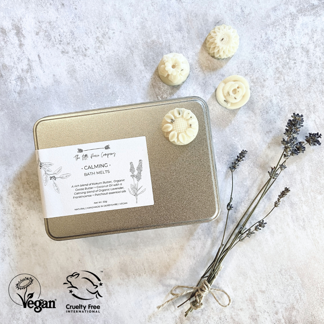 Calming Natural Solid Bath Oil Melts. Calming - with a soothing blend of essential oils and dried organic English lavender. Each tin contains 12 mini melts.