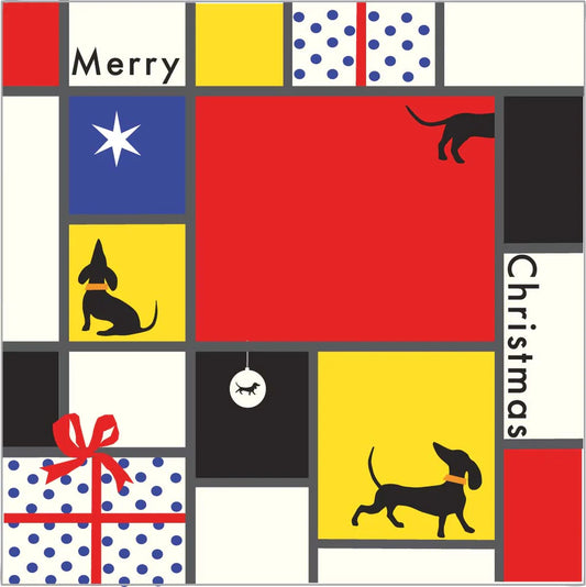 Abstract&nbsp;Christmas Greetings Card in homage to Mondrian. Those dachshunds are nosey busybodies and get everywhere. Even into paintings. Featuring the words Merry Christmas