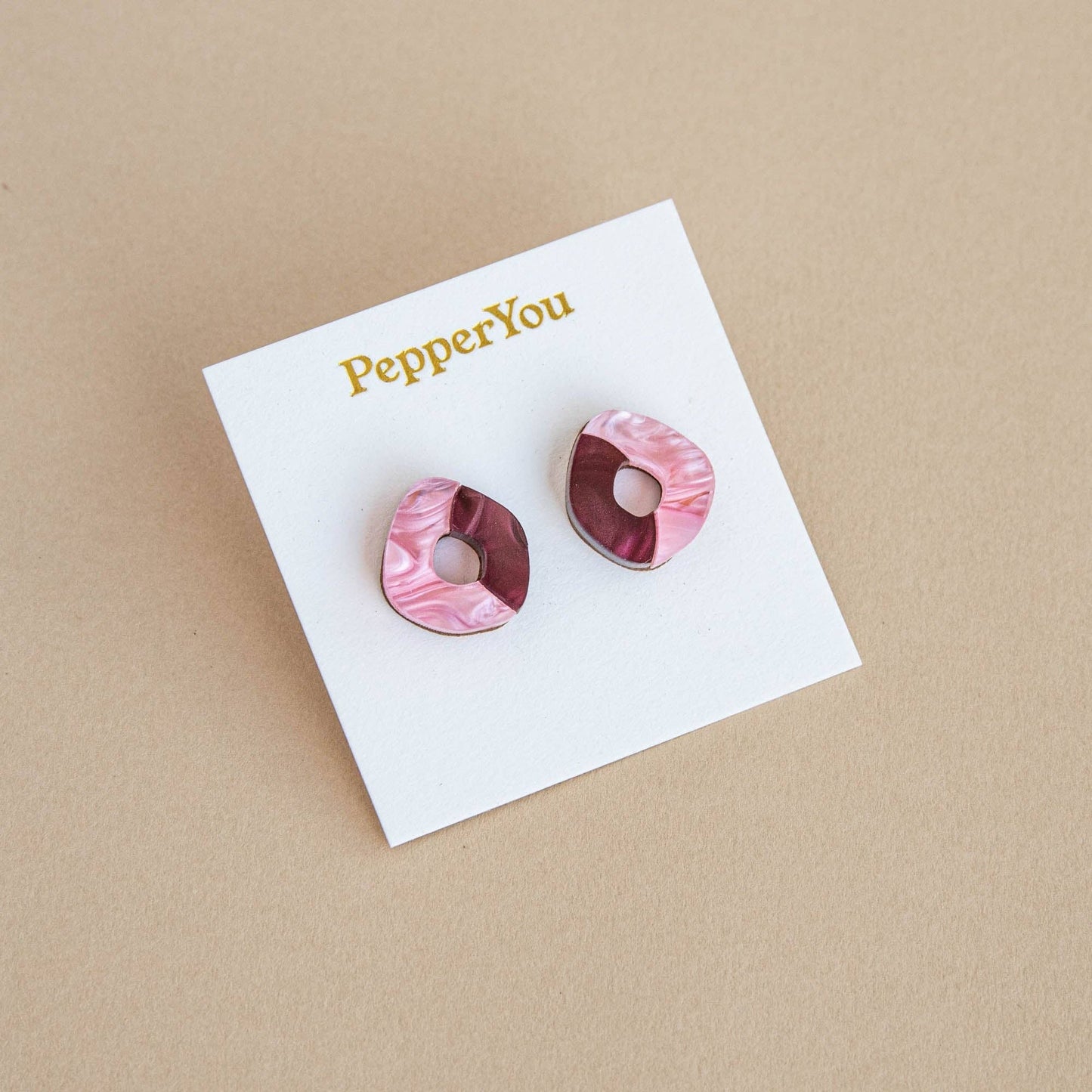 'Oh' Stud Earrings - Berry & Pink. Made from sustainable certified wood and acrylic.