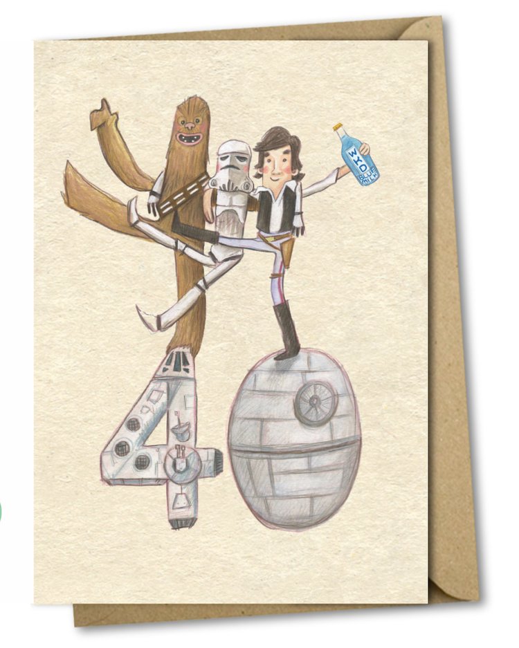 Illustrated 40th birthday card, featuring old chums Chewbacca and Han Solo… and a random Stormtrooper they met after a WKD blue milk or two. Sustainably made in the UK