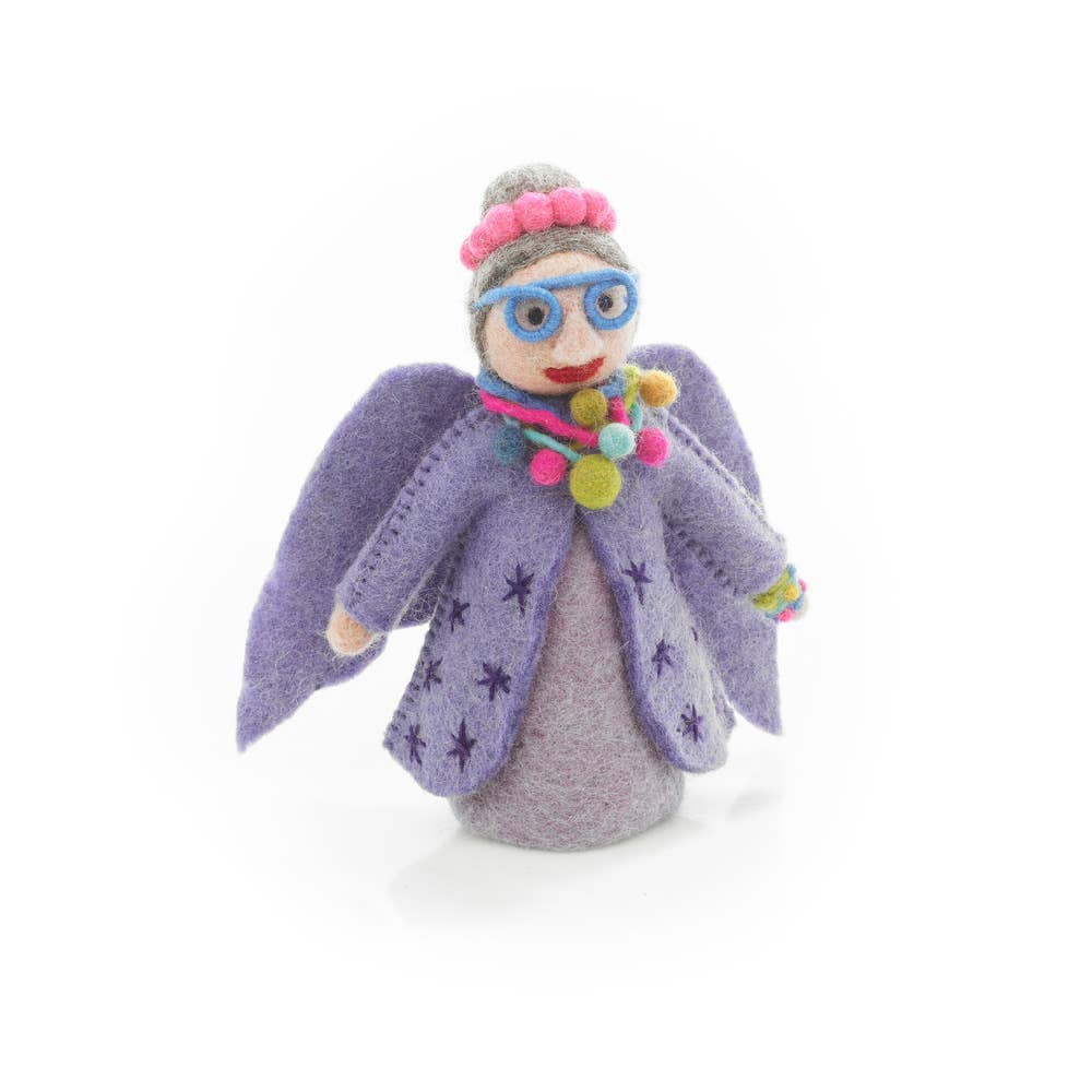 Your Fairy Godmother has arrived - and she's funkier than ever! Ready to bring your Christmas tree to life, but not with her magic, with her fabulously vibrant outfit! Funky Fair Godmother is wearing her purple or pink needle felted dress, with hand embroidered stars and comes accessorised with pompom jewellery and bright felted glasses.

This quirky tree topper has been brought to life using traditional needle felting techniques in Nepal, and is made entirely from sustainable and plastic-free materials.