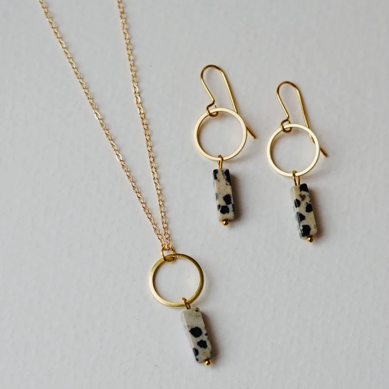 Dalmatian Jasper and Circle Earrings and Necklace Gift Set