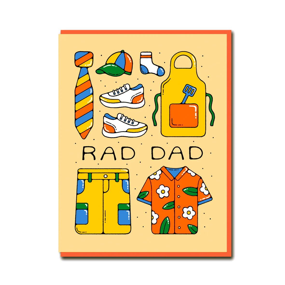 "Rad Dad" greeting card. With bright bold images of a dad's cool outfit, against a pale yellow background and coral envelope.