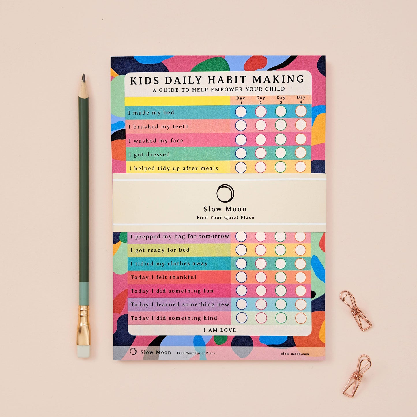 Kids Daily Habit Making - A5. The perfect pad to help empower your child and prompt healthy conversations with them each day. Allowing them to tick off daily tasks, like making their bed and cleaning their teeth.