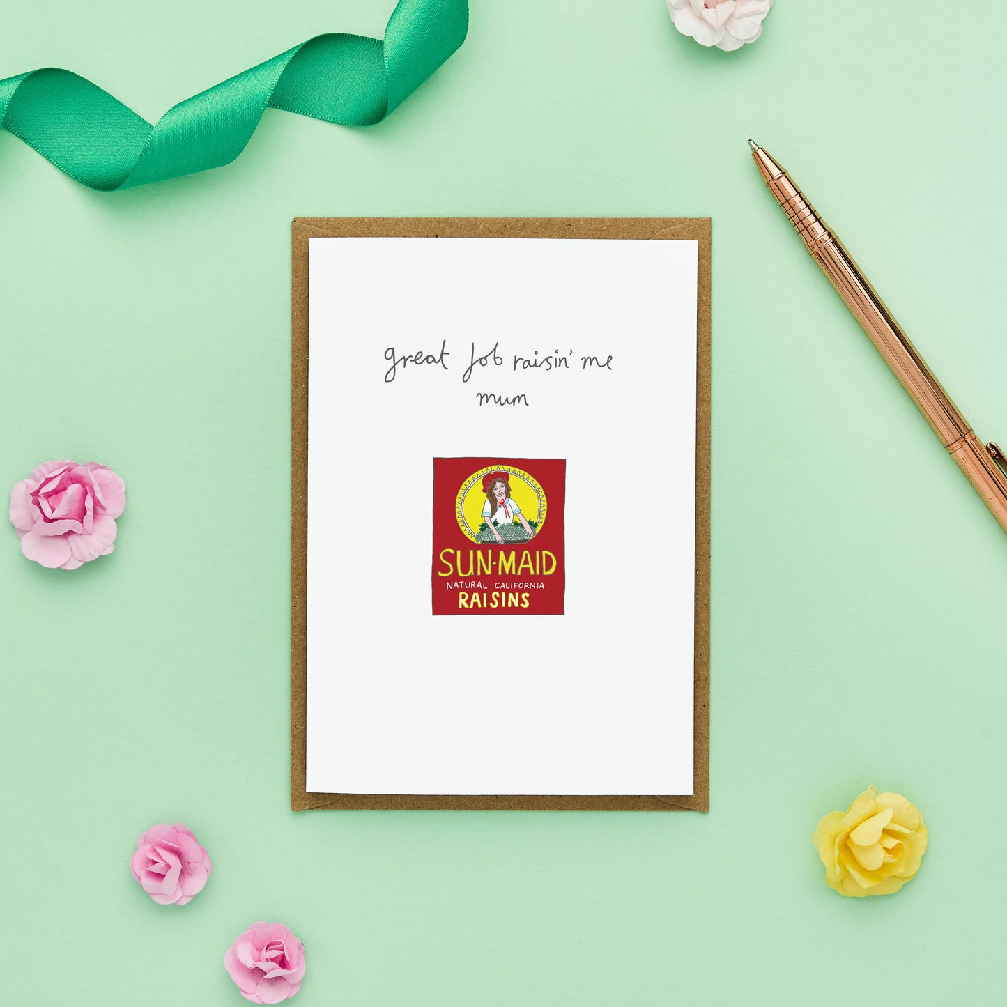 Funny and original Mother’s Day card with a sweet twist. Featuring a hand-drawn illustration of a box of Sun-Maid raisins, this playful card is captioned, "Great job raisin' me, Mum."