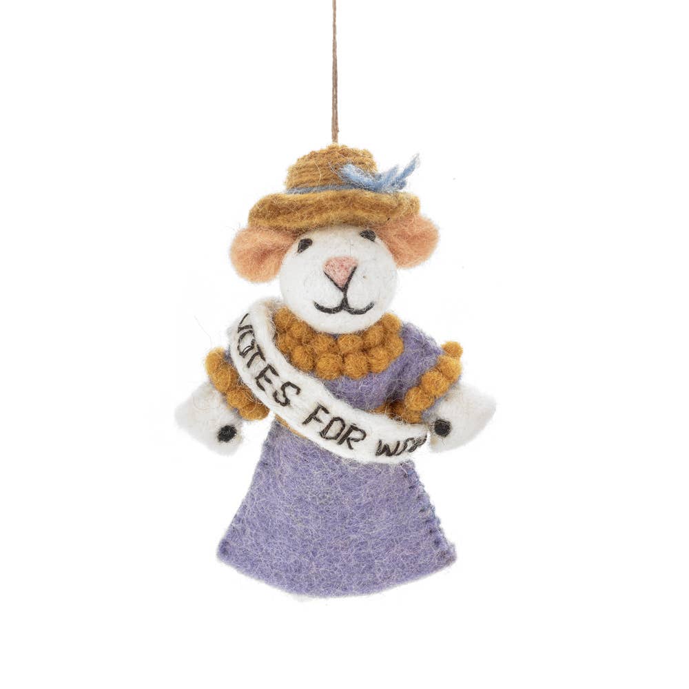 Handmade Felt Emmeline the Suffragette Mouse Hanging Decoration.  Her wet felted hat and dress have been handstitched to her needle felted body and a wet felted, handstitched "Votes For Women" sash completes her Suffragette look.