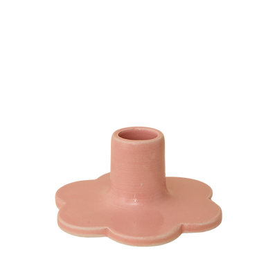 Handcrafted Solo Flower Candle Holder - Pink. Handcrafted from stoneware clay, this colourful candle holder is ideal as a decorative focal point for your dining table, mantlepiece or nightstand. The base is in the shape of a flower. 10cm wide x 4cm high