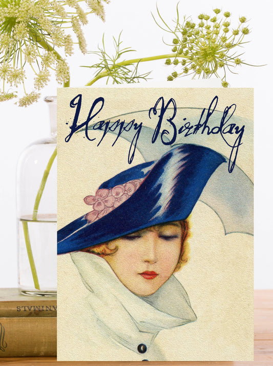 A retro lady from the roaring 30's, looking oh so chic in her hat and coat, sends you birthday wishes in style.