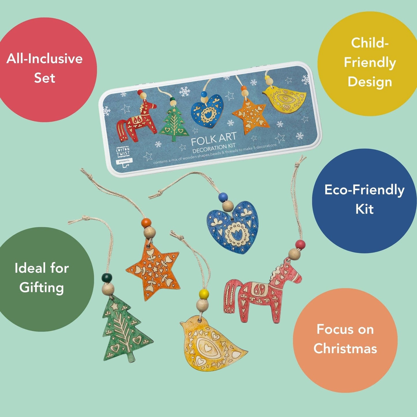 Folk Art Decoration kit. This kit features five wooden decorations to make, perfect for adding a touch of handcrafted beauty to a Christmas tree or any festive display. Along with the wooden decorations, the kit includes a selection of watercolour pencils and wooden beads, allowing for each decoration to be personalised with a touch of folk art charm.