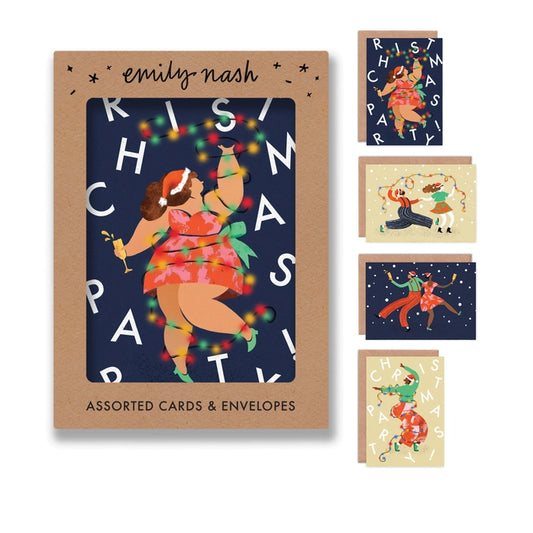 Pack of six Illustrated Christmas greeting cards by Emily Nash Illustration. Get ready for the party season with these fun cards depicting party goers throwing shapes on the dance floor!