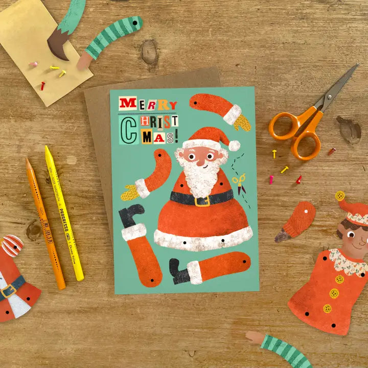 Illustrated Father Christmas greeting card which can be cut out to make a split pin puppet! Once you've finished displaying your card, turn it into something to play with and keep.